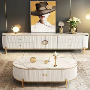 Stylish Marble Coffee Table in White MDF Material with Gold Stainless Steel Frame