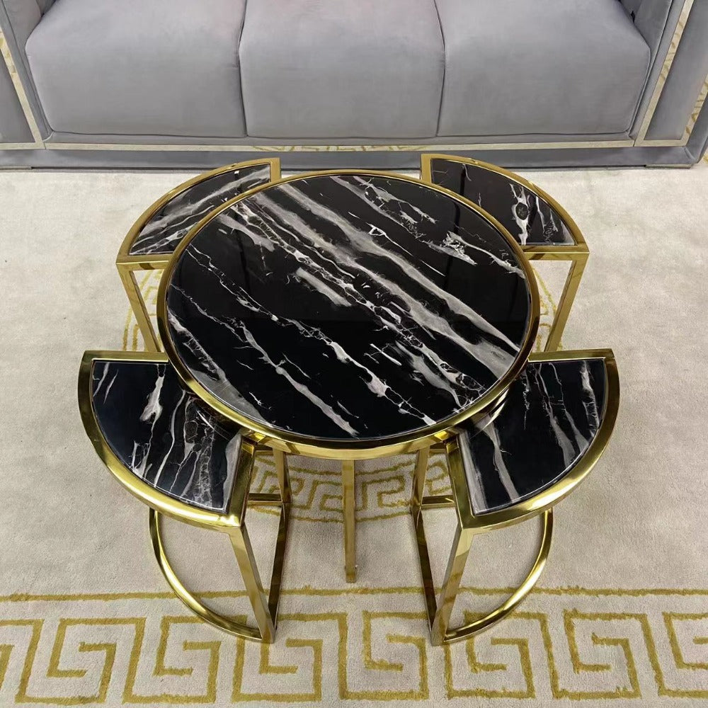 Circle / Round Nested White Grey Marble Side Tables, 5 pieces in Gold Stainless Steel Material on Frames
