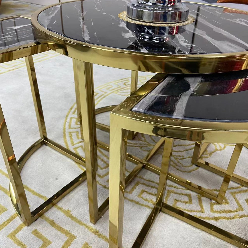 Black Grey Circle / Round Gold Nested Marble Coffee Tables, 5 pieces in Gold Stainless Steel Material on Frames
