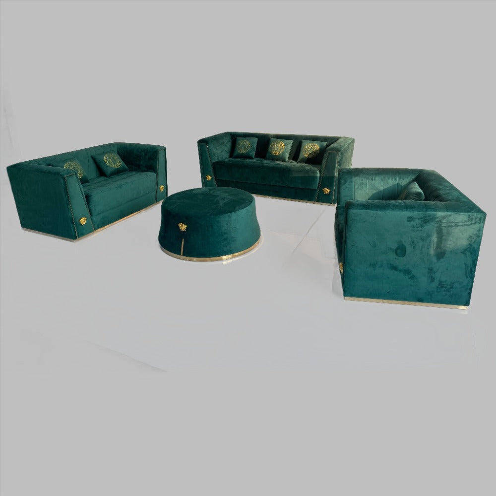 Classy Green Velvet Sofa set of 6 with Golden Trim Edges and Versace Design