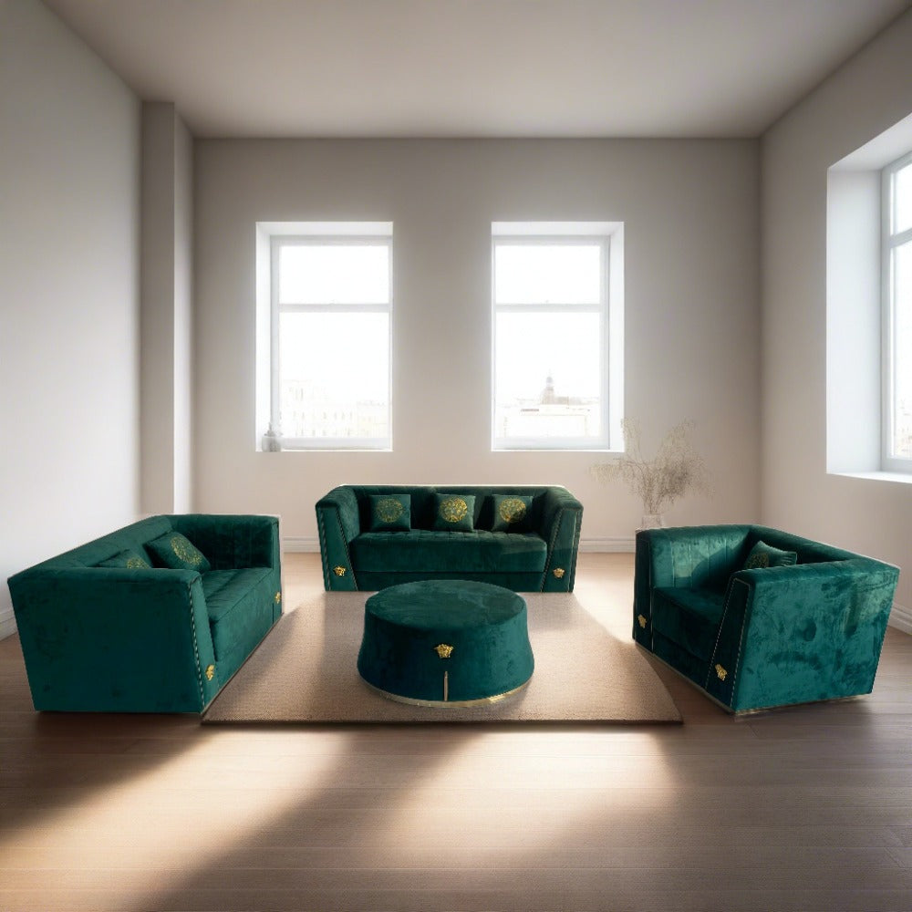 Modern Classy Green Velvet Sofa set of 6 with Golden Trim Edges and Versace Design