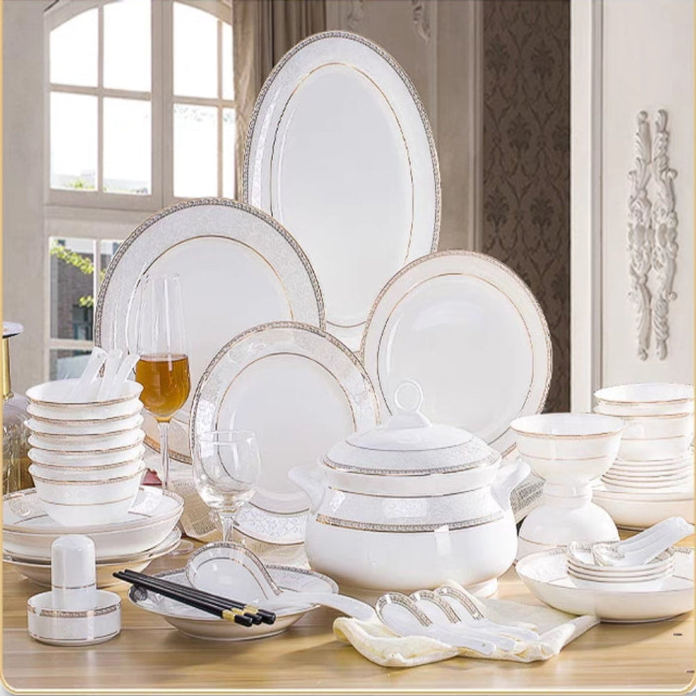 Pure Ceramic Kitchenware in White and Decorative Edges. RBM Classic Home Furniture Store