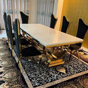 RBM Classic Home Online Furniture Store / Shop With Cheap / Discounted Prices. Luxurious and Stylish Elegant Marble Dining table with Gold GG Style Classy Black Velvet Dining Room Chairs in Gold Stainless Steel Frame.