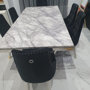 Modern and Luxurious LV Style 8 Seater Marble Dining Table With Silver Classy Black Velvet Stainless Steel Frame Chairs. Cheap Dining Table Furniture / the online home buy furniture