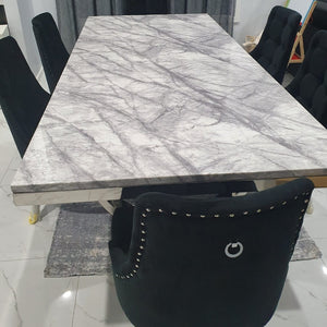 Luxurious LV Style 8 Seater Marble Dining Table With Silver Classy Black Velvet Stainless Steel Frame Chairs. Cheap Dining Table Furniture / the online home buy exclusive furniture