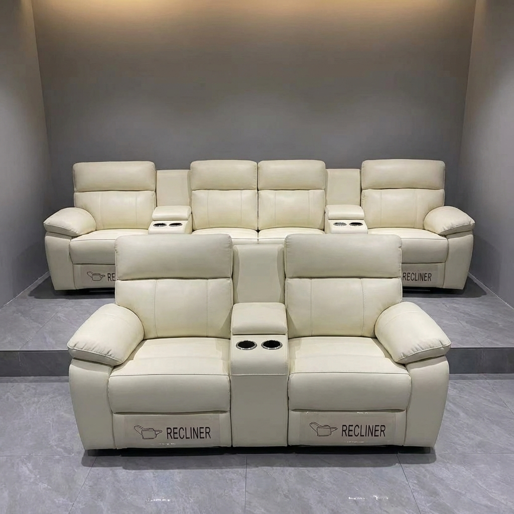 Beige recliner sofa set in a room with gray walls and floor.