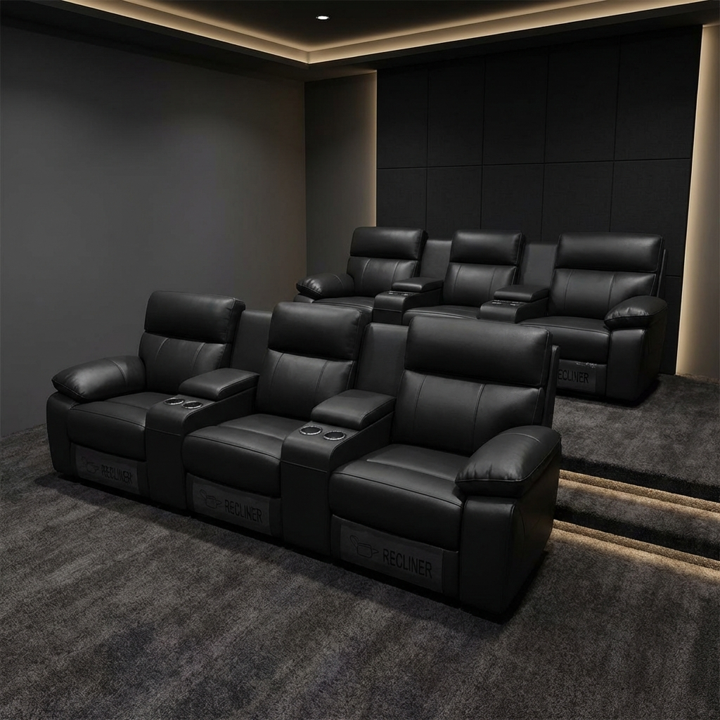 Black leather theater seats in a dimly lit room