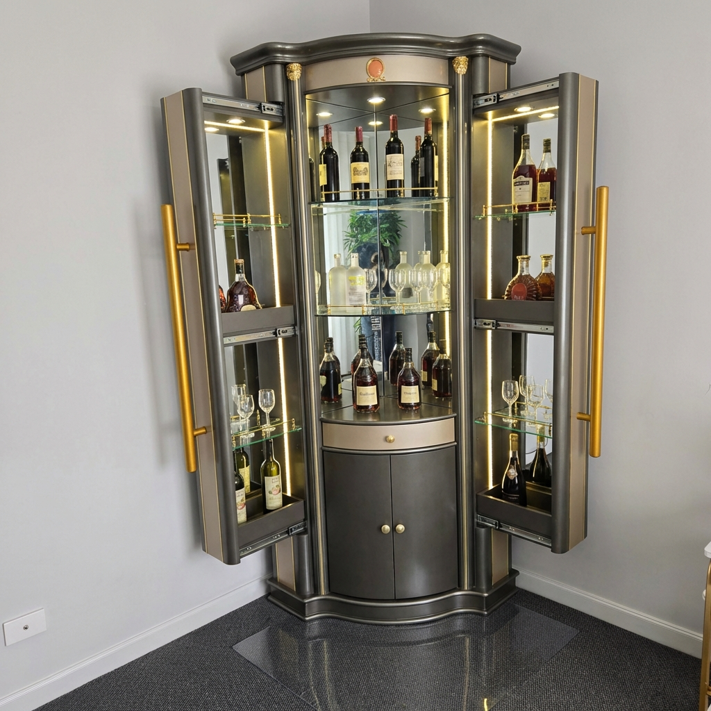 Corner bar cabinet with open doors displaying bottles and glasses on a gray wall background