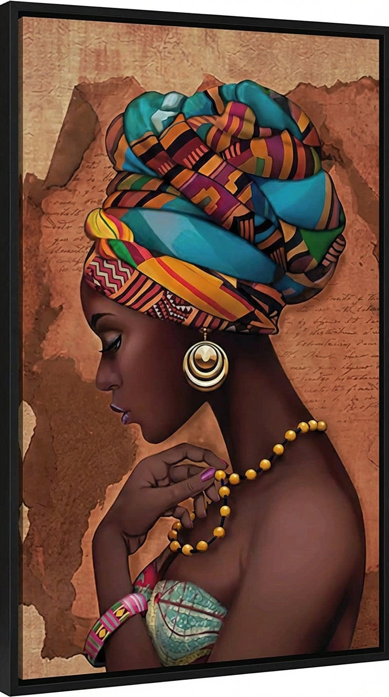 Framed artwork of a woman with a colourful headscarf and jewellery, with dimensions indicated.