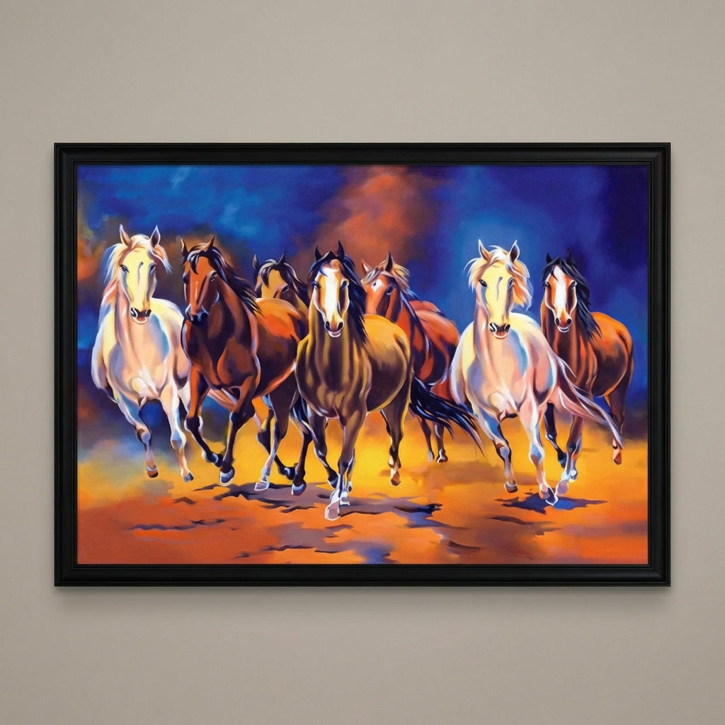 Framed painting of horses running on a colorful background