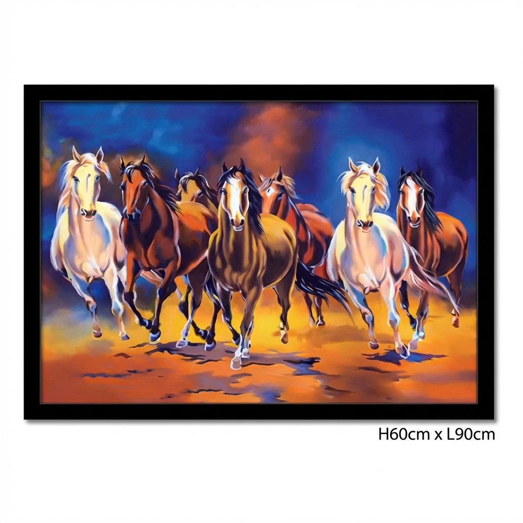 Painting of seven horses running on a colourful background
