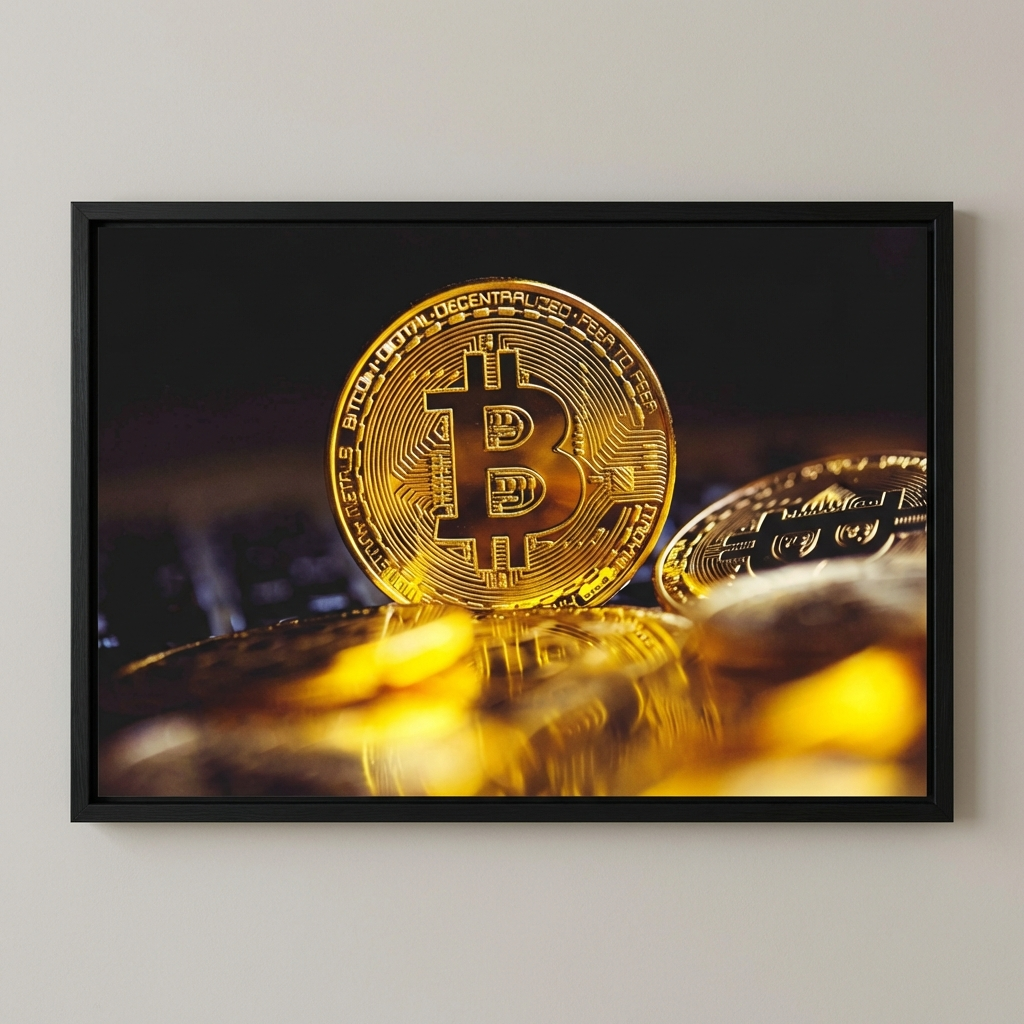 Framed artwork of a gold Bitcoin coin on a reflective surface.