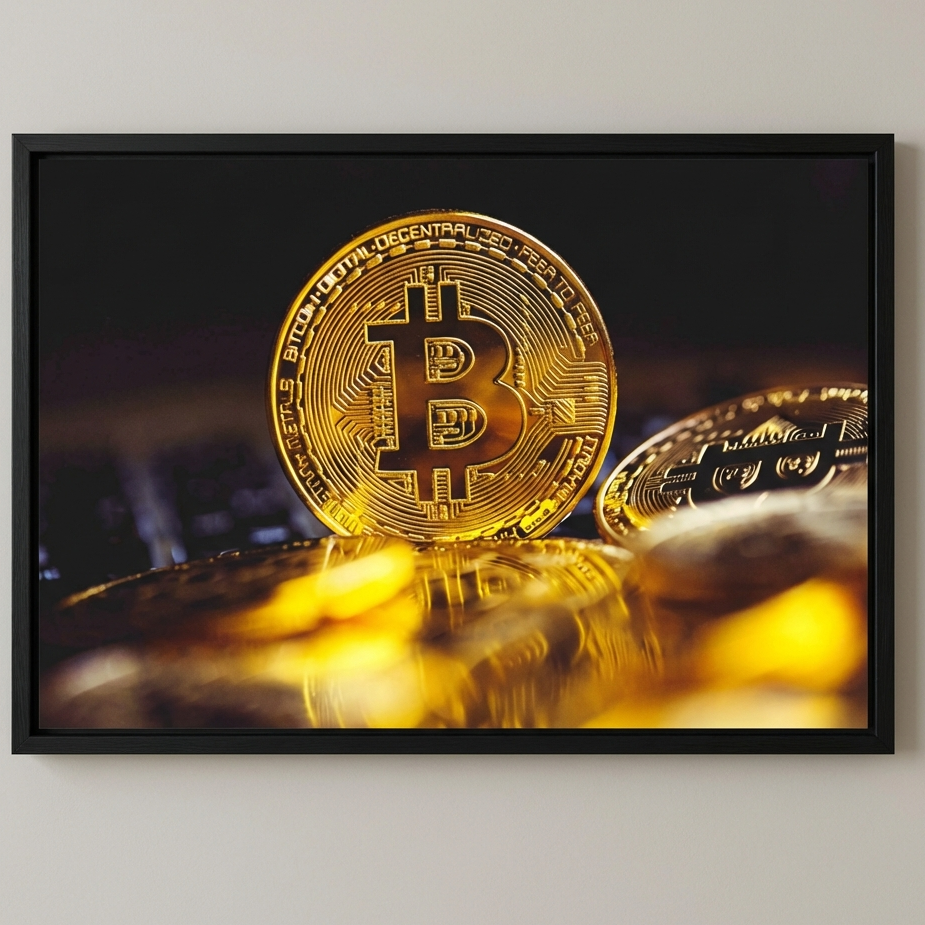 Framed artwork of a gold Bitcoin coin on a reflective surface.