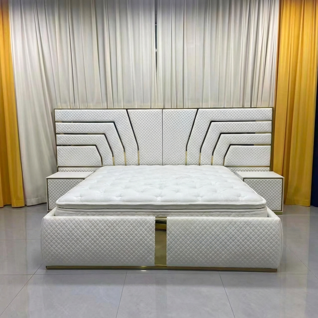 White bed with a white leather decorative headboard and 2 side tables