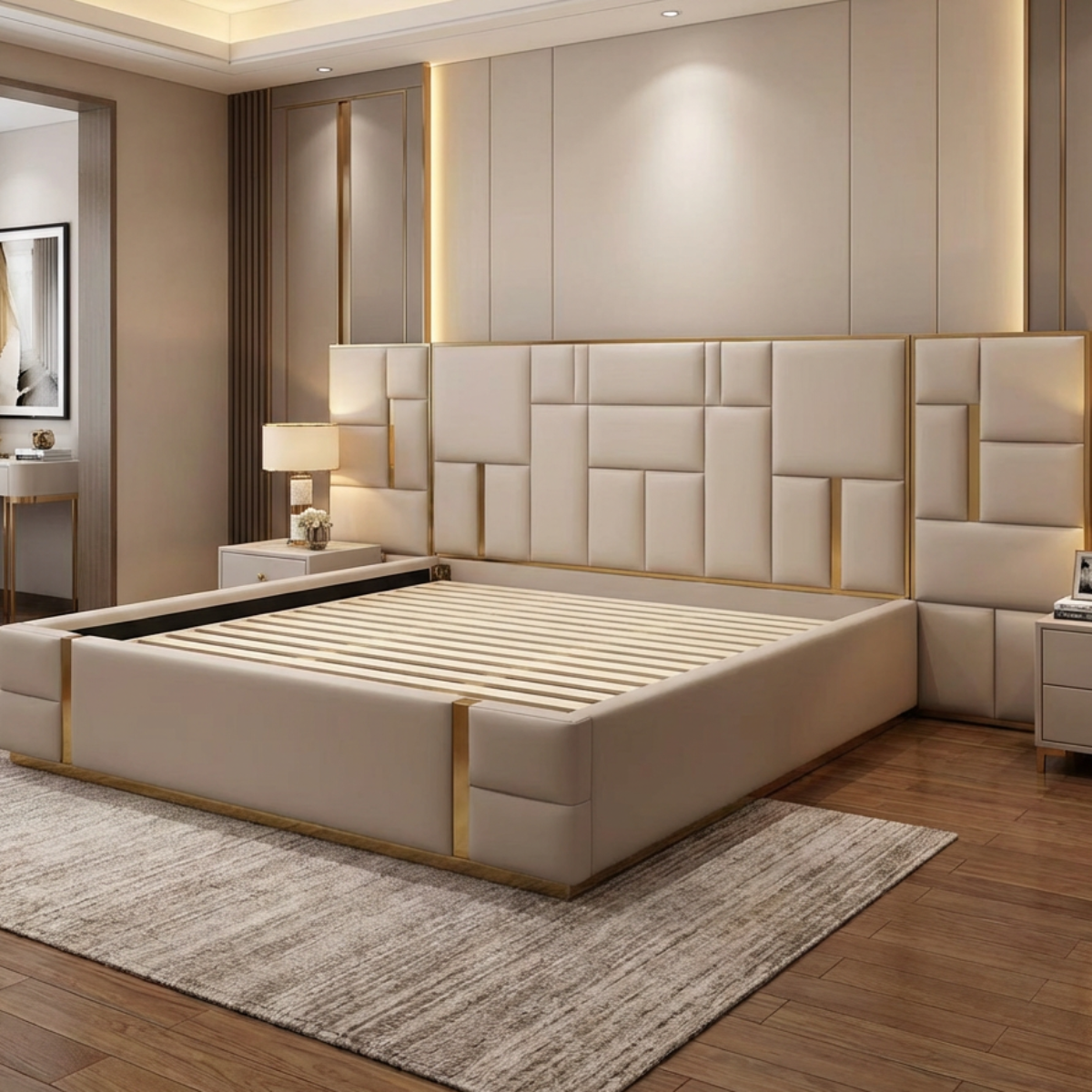 Beige upholstered bed in a modern bedroom setting with wooden flooring and neutral walls.