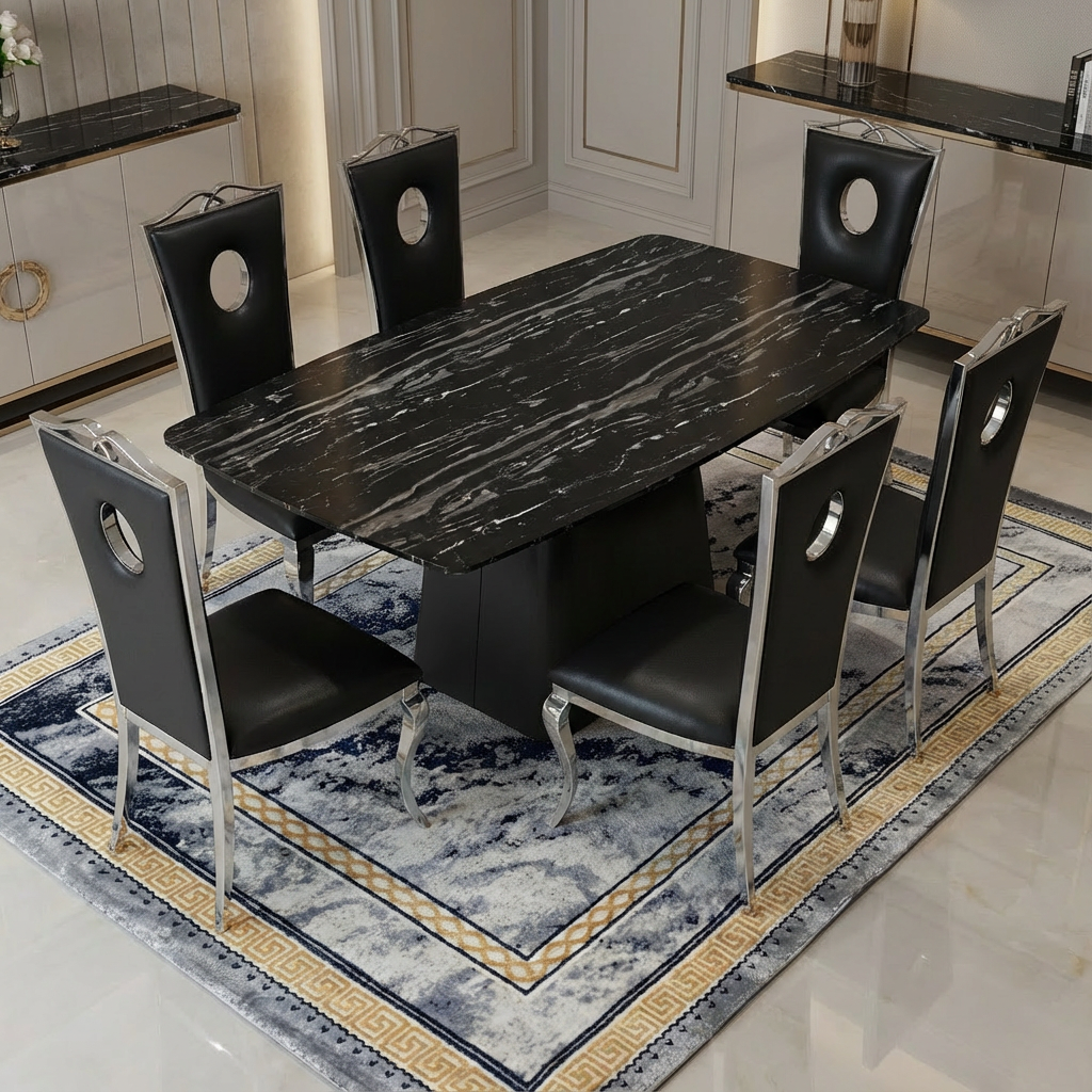 Dining table set with marble-like surface and black chairs on a patterned rug.