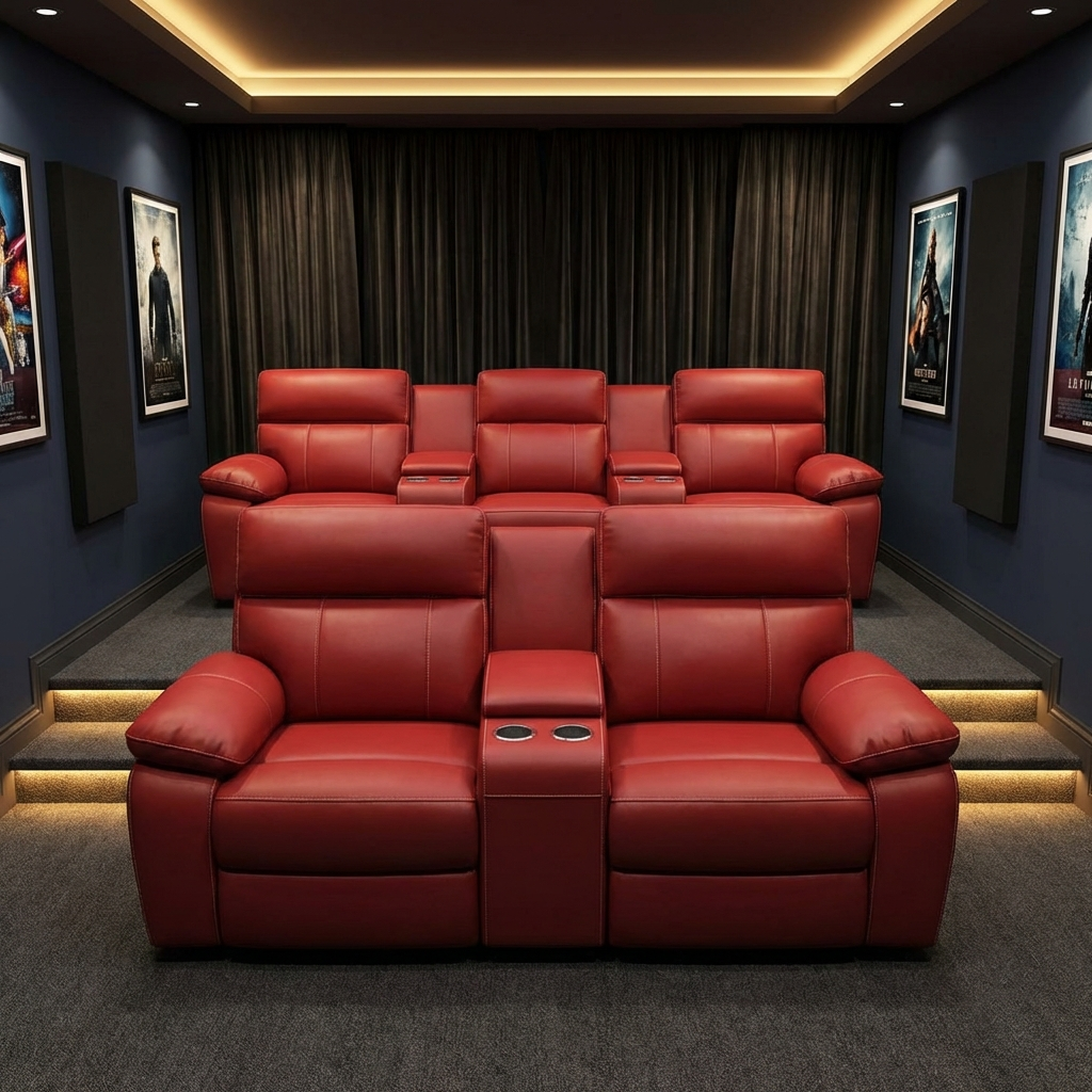 Beige recliner sofa set in a room with gray walls and floor.