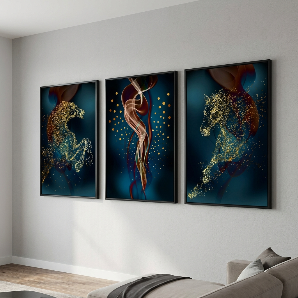 Three abstract horse paintings on a wall in a living room.