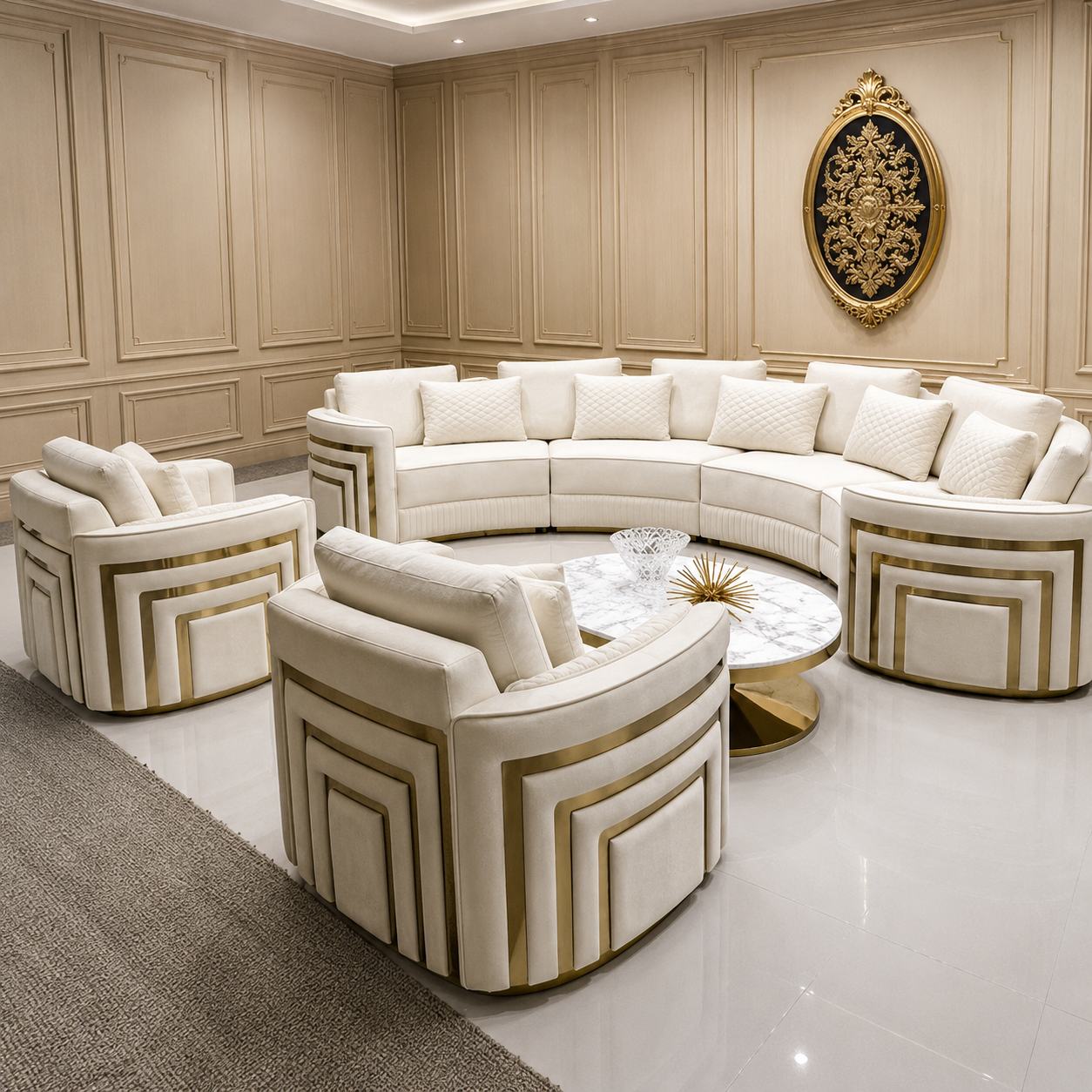 Luxury curved sectional sofa and matching armchairs in cream velvet with gold geometric trim, arranged in a circular semi-U-shape in a high-end room with beige wood paneling and a gold-framed wall mirror.