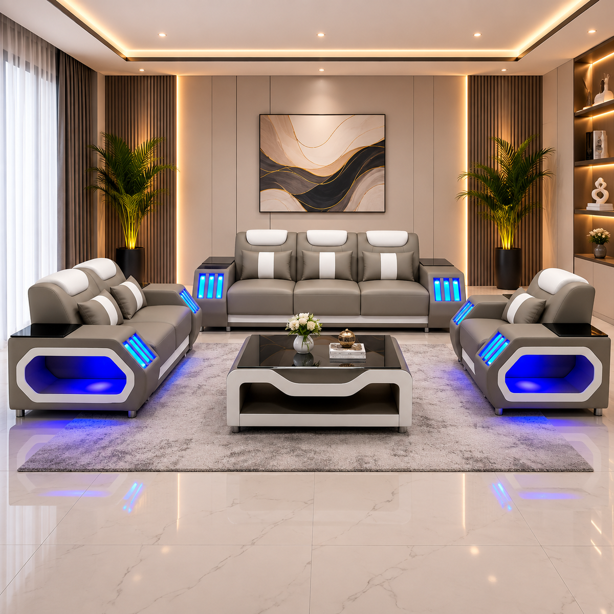 A modern living room set featuring a three-seat sofa, a matching armchair, and a rectangular coffee table on a grey rug. The furniture has a grey-and-white design with glowing blue LED accents on the sides.