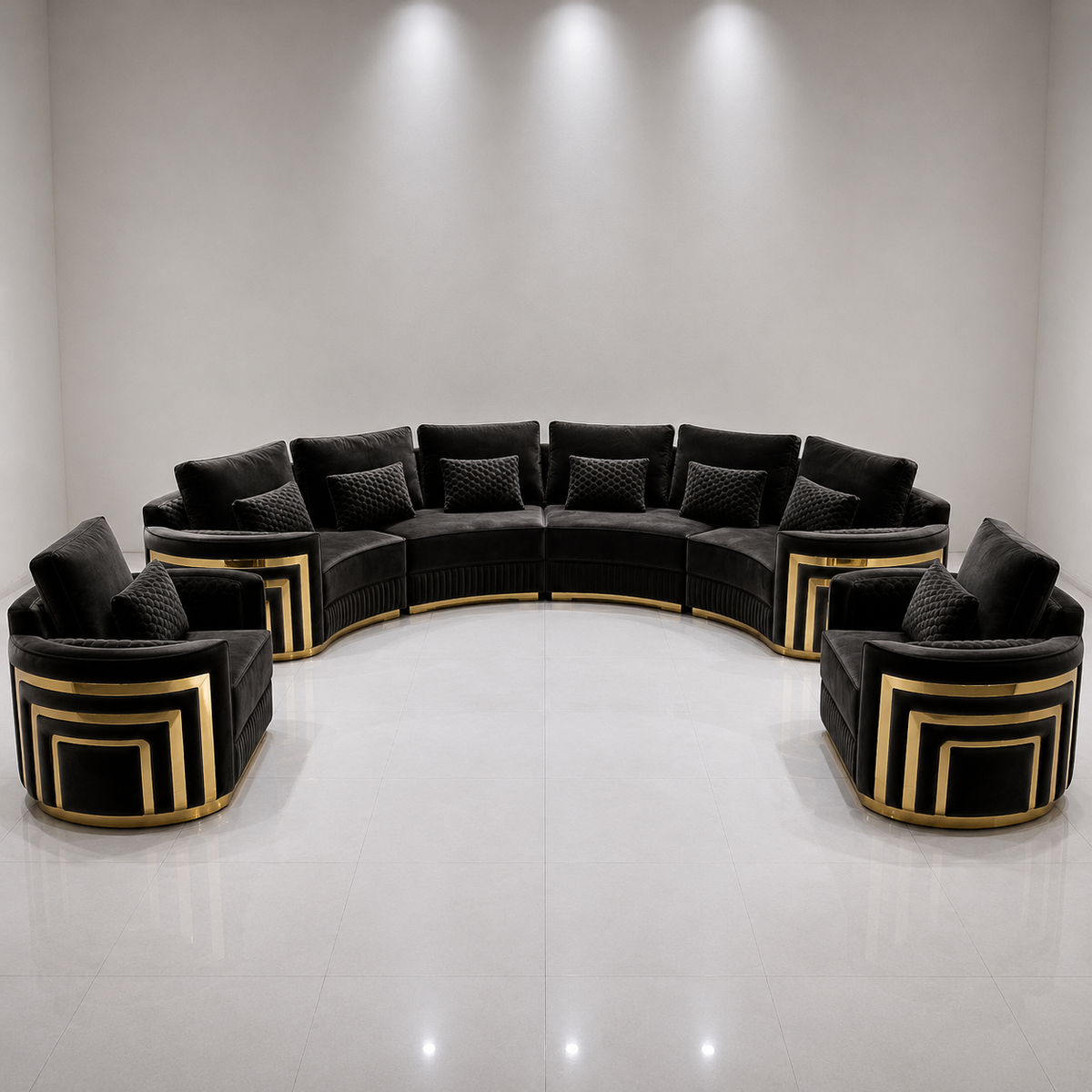 A luxury curved sectional sofa and two matching armchairs in black velvet with gold geometric frame accents, arranged in a U-shape on a polished white floor against a light gray wall.