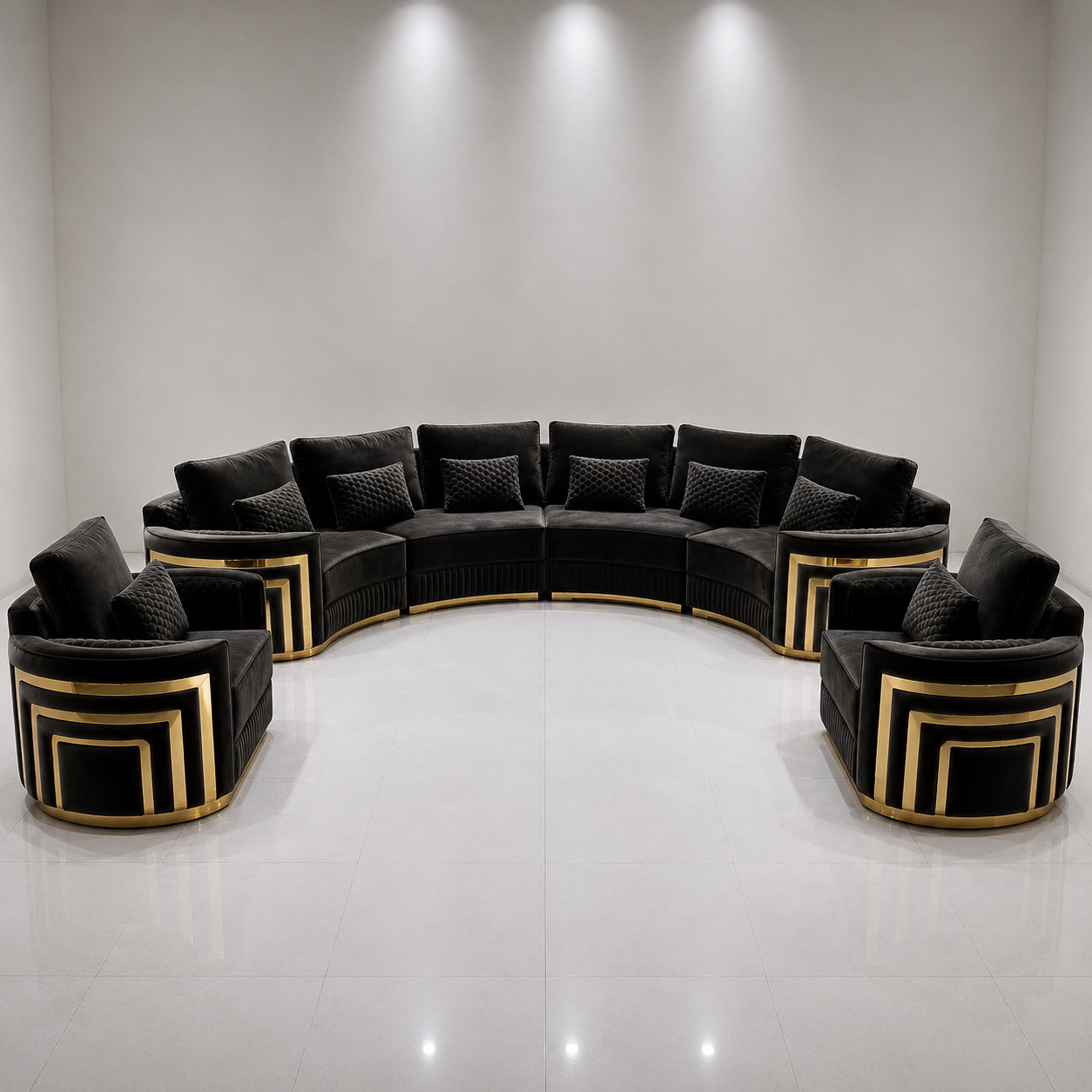 A luxury curved sectional sofa and two matching armchairs in black velvet with gold geometric frame accents, arranged in a U-shape on a polished white floor against a light gray wall.