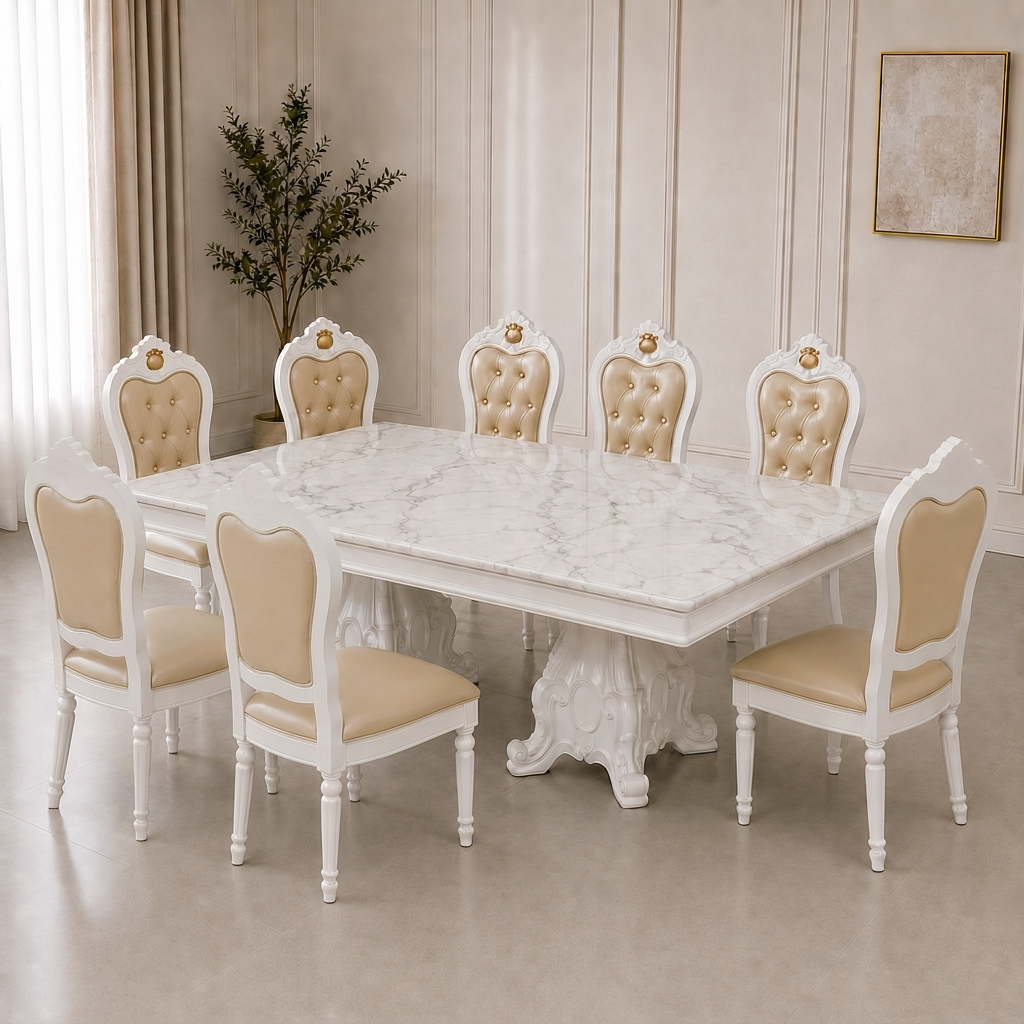 An 8-piece luxury dining set featuring a rectangular white marble-patterned table and six matching chairs with white frames, tufted beige backs, and gold crest details, set in a bright, elegant room.