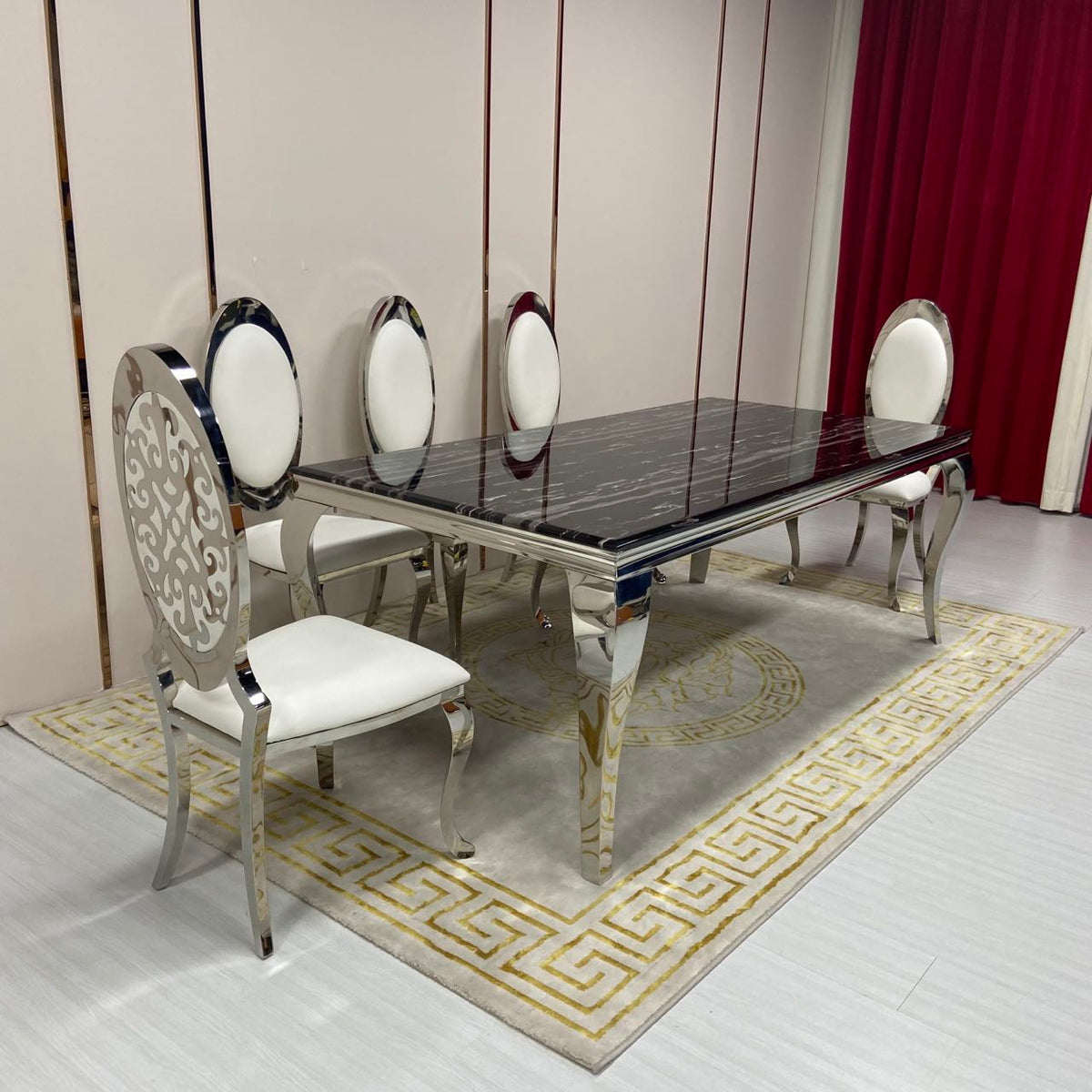 L200cm Traditional Marble Dining Table with 8 chairs