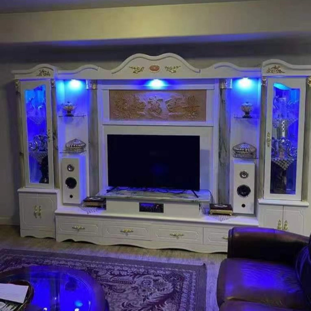 White TV Cabinet / Wall with Plenty of Storage. RBM Classic Home, an Online Furniture Store / Shop / Retailer.