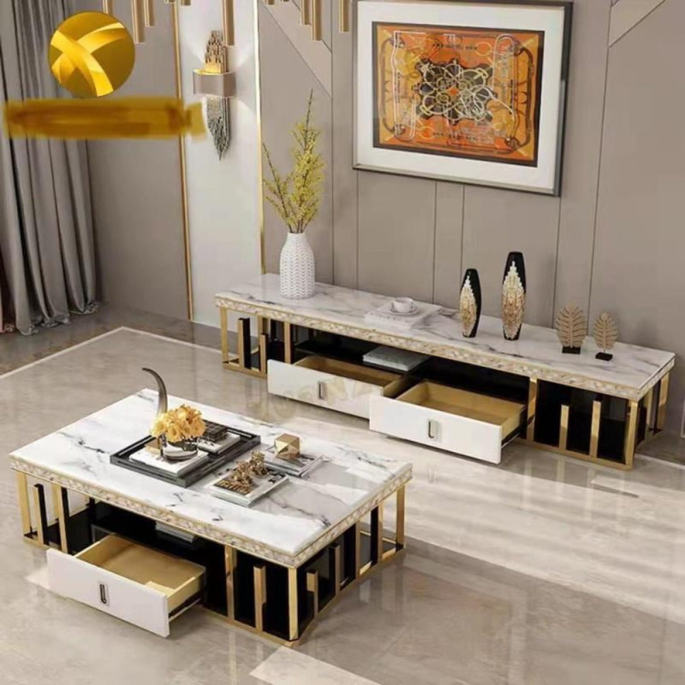 Elegant Modern-Designed Classic TV Stand with 2 Drawers in Gold Stainless Steel Frame With Black Grey Marble top