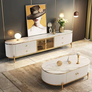 White MDF Elegant Modern-Designed Classic TV Stand with 4 Drawers in Gold Stainless Steel Frame