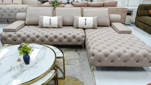 Modern L-Shaped Luxury, Stylish and Comfortable Sofas In Air Leather Material With Gold Stylish Trim