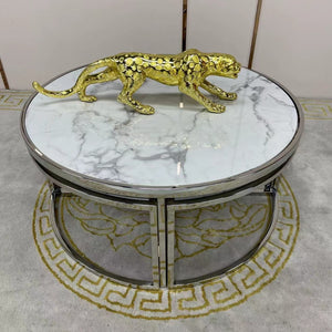 Circle / Round Silver Nested Marble Coffee Tables, 5 pieces in Gold Stainless Steel Material on Frames. set includes one large table and four small nesting coffee tables