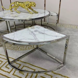 Circle / Round Silver Nested Marble Coffee Tables, 5 pieces in Silver Stainless Steel Material on Frames. set includes one large table and four small nesting coffee tables