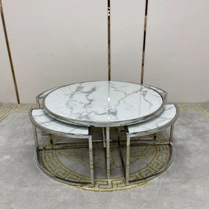 Classy Circle / Round Silver Nested Marble Coffee Tables, 5 pieces in Gold Stainless Steel Material on Frames. set includes one large table and four small nesting coffee tables