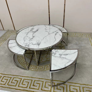 Circle / Round Silver Nested Marble Coffee Tables, 5 pieces in Silver Stainless Steel Material on Frames. Set includes one large table and four small nesting coffee tables