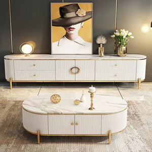 Elegant Modern-Designed Classic TV Stand with 4 Drawers in Gold Stainless Steel Frame
