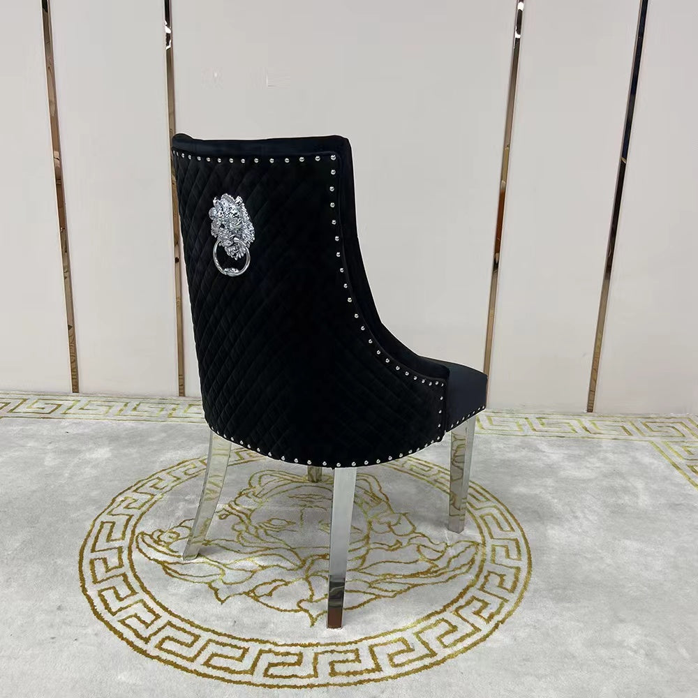 Modern Classy Black Velvet Cushioned and Comfortable Dining Room Chairs in Silver Stainless Steel Frame