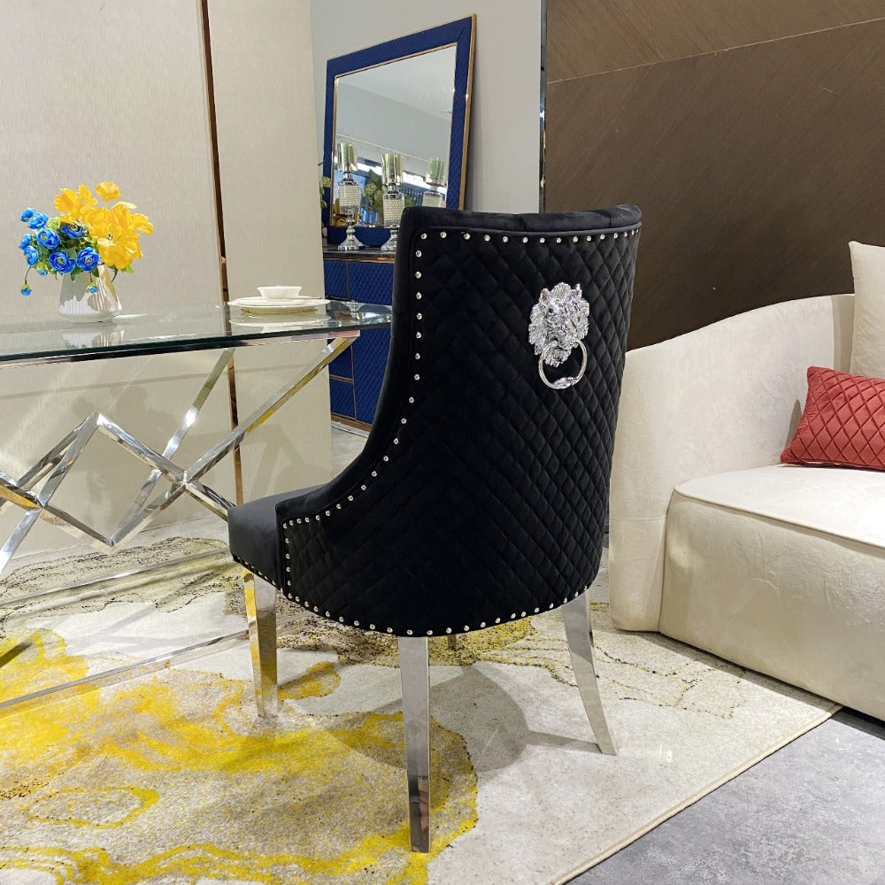 Modern Classy Black Velvet Cushioned and Comfortable Dining Room Chairs in Silver Stainless Steel Frame