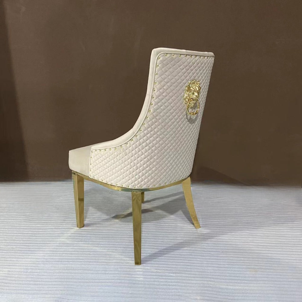 RBM Classic Home Online Furniture Store / Shop With Cheap / Discounted Prices. Luxurious and Stylish U-Shaped Marble Dining table with Gold Modern Cream Velvet Dining Room Chairs in Gold Stainless Steel Frame.