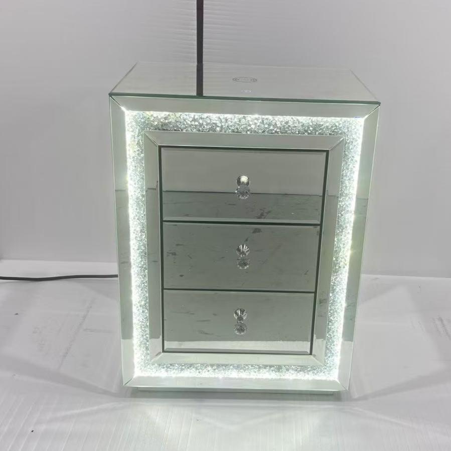 Stunning Diamond Crushed Bedside Table with 3 Drawers and LED Lights for a Stunning Looks with a Charging Port
