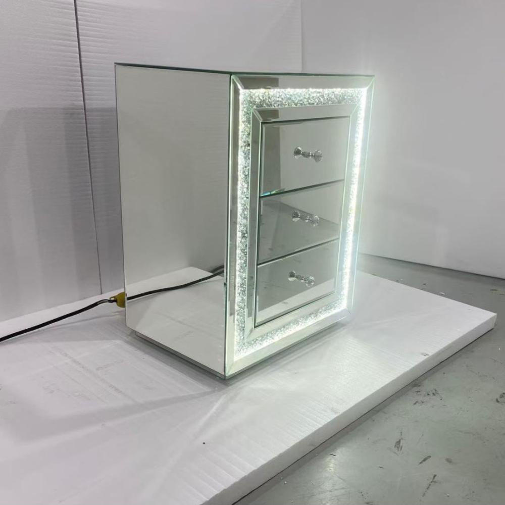 Classy Diamond Crushed Bedside Table with 3 Drawers and LED Lights for a Stunning Looks