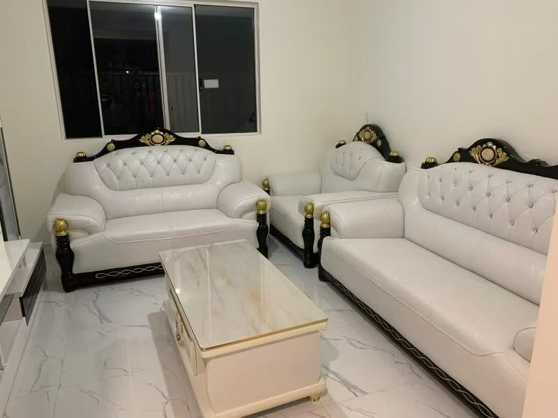 Cream Leather with Black Wood Sofa set