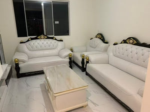 Cream Leather with Black Wood Sofa set