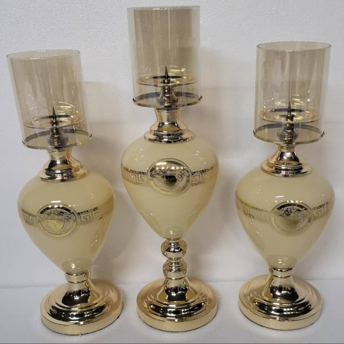 Classy Gold Alloy Frame with Glass Material Candleholders Set of 