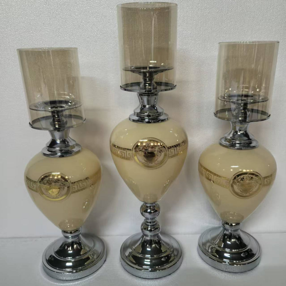 Classy Silver Alloy Frame with Cream Glass Material Candleholders Set of 3