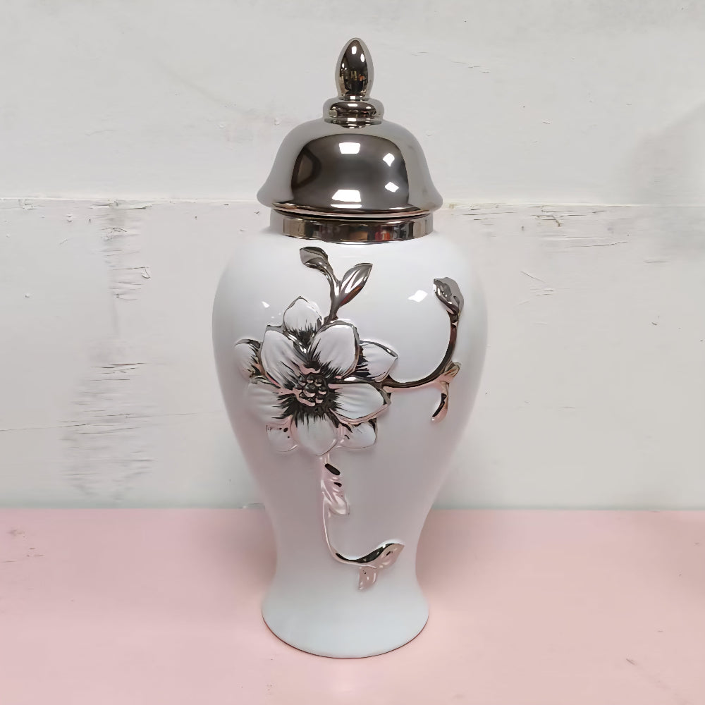 Big White and Silver Ceramic Decorative Vase / Jar with Lid