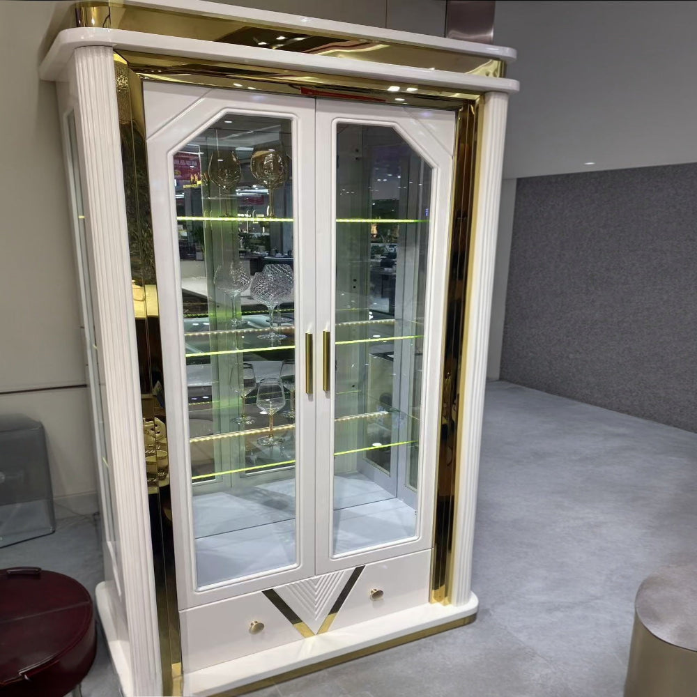 Modern White with Gold Trim, LED Lights, 4 Shelves and 2 Drawers