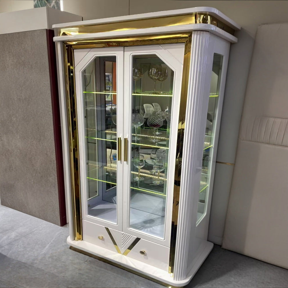 Modern White with Gold Trim, LED Lights, 4 Shelves and 2 Drawers