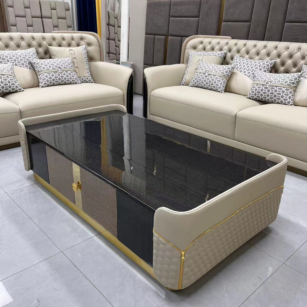 Modern living room with beige sofas and a glass coffee table.